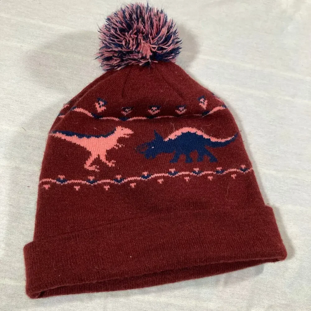 Coal Kids OS Red Dinosaur Winter Beanie Hat Pompom Ski Snowboard Outdoors Maroon